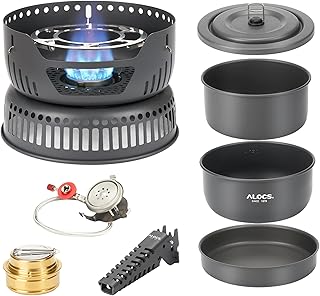 ALOCS Camping Cookware - 11 Piece Lightweight Camp Cooking Set with Portable Camping Stove & Gas Stove Burner - Durable Compact Camping Pot for Hiking Car Camping Vanlife RV product image