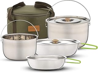 Wealers Camping Cookware Set - Compact Stainless Steel Campfire Cooking Pots and Pans | Combo Kit with Travel Tote Bag | Rugged Outdoor Cook Set for Hiking | Barbecues | Beach product image