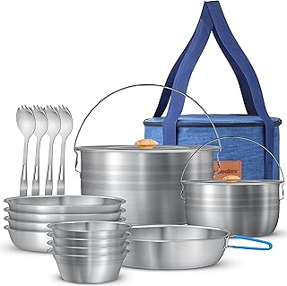 WEALERS Camping Cookware & Dinnerware Set- 17 Pieces Stainless Steel Pots and Pans Set with Plates, Bowls & Sporks in Travel Mesh Bag for Camping, Trekking, Backyard Picnic & Backpacking Gear product image