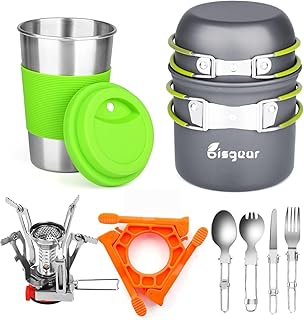 Bisgear Portable Backpacking Stove Canister Stand Tripod Stainless Steel Cup Flatware Mess Kit - Cooking Set - Camping Gear product image