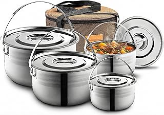 Camping Cookware Set - Compact Stainless Steel Campfire Cooking Pots and Pans | Combo Kit with Travel Tote Bag | Rugged Outdoor Cook Set for Hiking | Barbecues | Beach product image