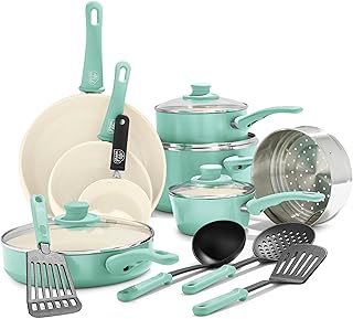 GreenLife Soft Grip 16 Piece Cookware Set, Non-Toxic PFAS-Free Ceramic Nonstick, Pots, Frying, Sauce, Saute, Glass Lids, Stay-Cool Handles, Wobble Free Bases, Dishwasher & Oven Safe, Turquoise product image