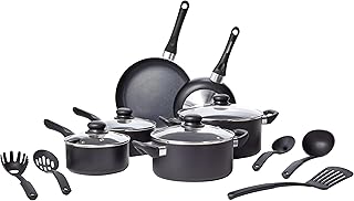 Amazon Basics Non-Stick Kitchen Cookware 15-Piece Set with Stay-Cool Handles, Even Heating, Non-Induction, Includes Pots, Pans, and Utensils, Black product image