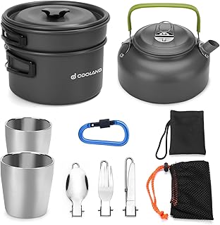 Odoland Camping Cookware Mess Kit, Lightweight Pot Pan Kettle with 2 Cups, Fork Spoon Kit Stainless Steel, gray for Backpacking, Outdoor Camping Hiking and Picnic product image