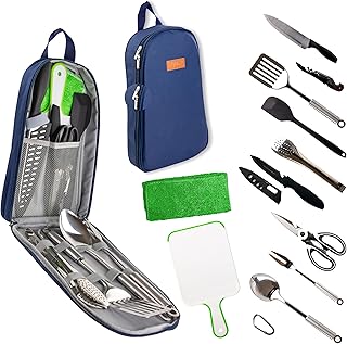 12 Pcs Camp Cooking Utensil Set & Outdoor Kitchen Gear Cookware Kit, Portable Compact Carry Case for Camping, Hiking, Travel, BBQ Grilling Stainless Steel Accessories Spoon & Fork, Navy product image