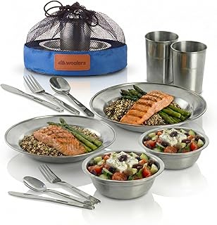 Unique Complete Messware Kit Polished Stainless Steel Dishes Set| Tableware| Dinnerware| Camping| Includes - Cups | Plates| Bowls| Cutlery| Comes in Mesh Bags product image