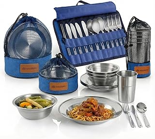 Wealers Unique Complete Messware Kit Polished Stainless Steel Dishes Set| Tableware| Dinnerware| Camping| Buffet| Includes - Cups | Plates| Bowls| Cutlery| Comes in Mesh Bags (4 Person Set) product image
