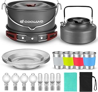 Odoland 22pcs Camping Cookware Mess Kit, Large Size Hanging Pot Pan Kettle with Base Cook Set for 4, Cups Dishes Forks Spoons Kit for Outdoor Camping Hiking Picnic product image