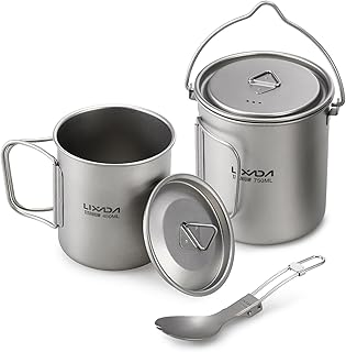 Lixada Titanium Camping Cookware with Folding Spork, 750ml Camping Titanium Pot & 450ml Coffee Mug with Foldable Handle & Lid, Portable Outdoor Cookware Set for Backpacking Hiking Cooking product image