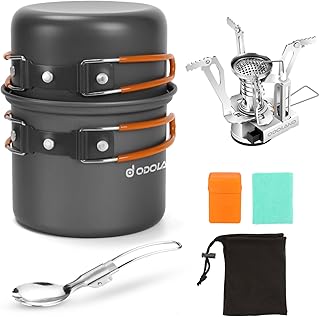 Odoland 6pcs Camping Cookware Mess Kit with Lightweight Pot, Stove, Spork and Carry Mesh Bag, Great for Backpacking Outdoor Camping Hiking and Picnic product image