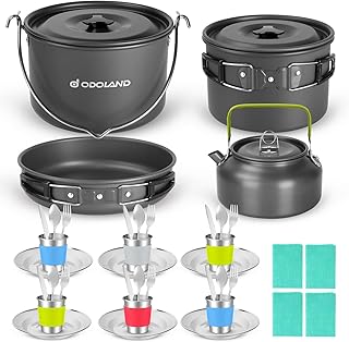 Odoland 39pcs Camping Cookware Mess Kit, Non-Stick Large Size Hanging Pot Pan Kettle with Base Dinner Cutlery Sets for 6 and More, Cups Dishes Forks Spoons Kit for Outdoor Camping Hiking Picnic product image