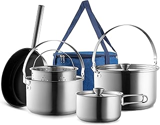 Camping Cookware Set 304 Stainless Steel 8-Piece Pots & Pans Open Fire Cooking Kit | Frying Pan Steamer with Travel Tote Bag | Compact For Outdoors & Indoors Kitchen Campfire Hiking RV product image
