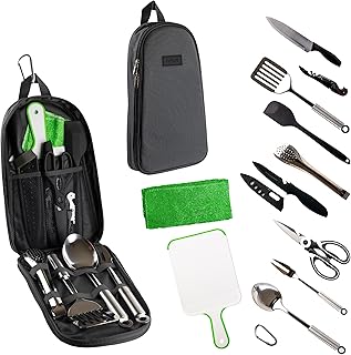 Life2Go 12 Piece Stainless Steel Camping Cooking Utensils Set, Portable Outdoor Kitchen Kit with Chef Knife, Tongs, Spatula, Scissors, Camp Cooking Gear with Carry Case for Hiking, BBQ & Travel, Gray product image