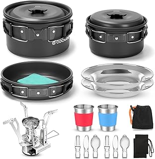 Odoland 16pcs Camping Cookware Mess Kit with Folding Camping Stove, Non-Stick Lightweight Pots Pan Set with Stainless Steel Cups Plates Forks Knives Spoons for Camping, Backpacking, Outdoor Cooking product image