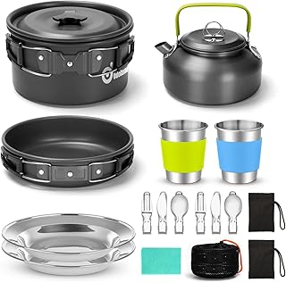 Odoland 15pcs Camping Cookware Mess Kit, Non-Stick Lightweight Pot Pan Kettle Set with Stainless Steel Cups Plates Forks Knives Spoons for Camping, Backpacking, Outdoor Cooking and Picnic product image