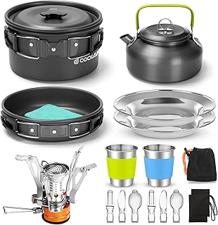 Odoland 16pcs Camping Cookware Set with Folding Camping Stove, Non-Stick Lightweight Pot Pan Kettle Set with Stainless Steel Cups Plates Forks Knives Spoons for Camping Backpacking Outdoor Picnic product image