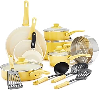 GreenLife 16 Piece Nonstick Cookware Set, Soft Grip Non-Toxic PFAS-Free Ceramic Pots & Pans, Dishwasher & Oven Safe, Frying, Sauce, Saute, Utensils, Glass Lids, Stay-Cool Handles, Wobble Free, Yellow product image