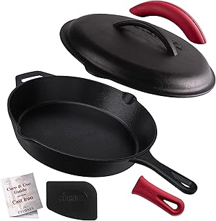 Cuisinel Cast Iron Skillet with Lid - 12"-inch Pre-Seasoned Covered Frying Pan Set + Silicone Handle & Lid Holders + Scraper/Cleaner - Indoor/Outdoor, Oven, Stovetop, Camping Fire, Grill Safe Cookware product image