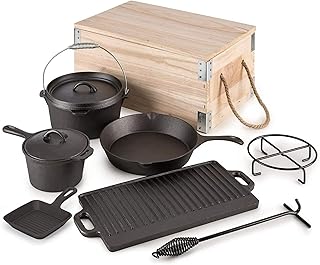 8 Piece Pre-Seasoned Dutch Oven Cooking Set Cast Iron Camping Kitchen Cookware Bakeware Skillets & Square Grill Pan w/Vintage Carrying Wood Box for Ourdoor Home BBQ Baking product image