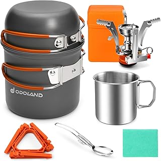 Odoland 8pcs Camping Cookware Mess Kit, Camping Pot and Pan Set with Mini Backpacking Stove, Stainless Steel Cup, Spork and Tank Bracket, Cooking Gear for Outdoor, Hiking, Picnic, Campfire product image