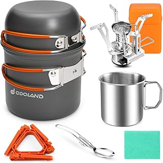 Odoland 8pcs Camping Cookware Mess Kit, Camping Pot and Pan Set with Mini Backpacking Stove, Stainless Steel Cup, Spork and Tank Bracket, Cooking Gear for Outdoor, Hiking, Picnic, Campfire product image