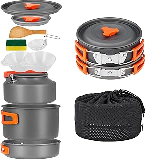 YETO Camping Cookware Set 10pcs Camping Pots and Pans Set Foldable Camping Mess Kit for 2-3 People Hard-Anodized Aluminum Backpacking Cookware Set for Outdoor Hiking Picnic, MediumGrey product image