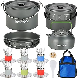 MEETSUN Camping Cookware Set - 37 PCs, Large Size Hanging Pot with Camping Pots and Pans, Camp Cooking Set for 6 People, Mess Kit with Cups, Dishes, Forks, Spoons, Knives for Outdoor Picnic product image