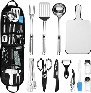 Odoland 14pcs Camping Cooking Utensils Set, Stainless Steel Outdoor Kitchen Cookware Kit, Portable Storage Bag for Knife, Fork, Spoon, Chopping Board, Chef's Knife, Camping, Grilling, Picnic and BBQ product image