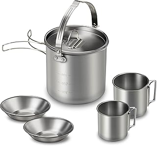 Lixada 5PCS Camping Cookware Set Stainless Steel 1.2L Camping Pot with 2 Cups & 2 Bowls, Lightweight Portable Backpacking Pot with Foldable Handles & Lid for Outdoor Cooking Hiking Picnic product image