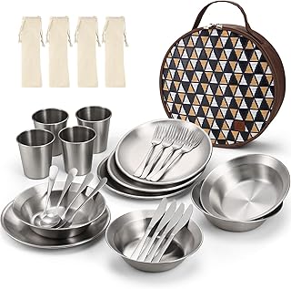 Odoland Stainless Steel Camping Mess Kit for Family & Person, Cooking Tableware Utensils with Plates Bowls Forks Spoons Knives & Savings Bag for Camping, Backpacking, Hiking, Picnic product image