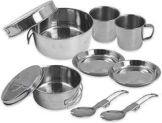 10Pcs Stainless Steel Cookware Mess Kit, Camping Cook Pot with Folding Handle, Backpacking Mess Kit, Hiking Cooking Set with Cups, Pots, Dishes, Spoons, Pans product image