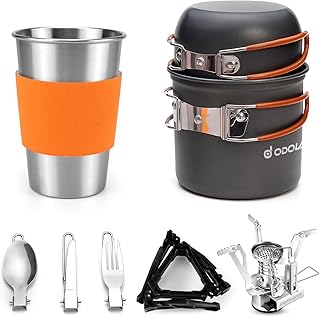 Odoland Camping Cookware Stove Carabiner Canister Stand Tripod and Stainless Steel Cup, Tank Bracket, Fork Spoon Kit for Backpacking, Outdoor Camping Hiking and Picnic product image