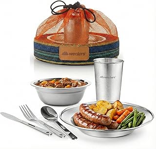Unique Complete Messware Kit Polished Stainless Steel Dishes Set| Tableware| Dinnerware| Camping| Includes - Cups | Plates| Bowls| Cutlery| Comes in Mesh Bags product image