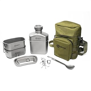 GRITR Titanium Canteen Mess Kit | Compact Portable Camping Open Fire Cookware Set for Backpacking, Hiking, Fishing | Ultralight Durable Outdoor Camp Cooking Utensils - Storage Bag Included product image