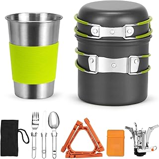 Camping Cookware Backpacking Stove Canister Stand Tripod and Stainless Steel Camping Cup,Fork Spoon Kit for Hiking and Picnic,Camping Cooking,Backpacking Gear,Mess kit. product image