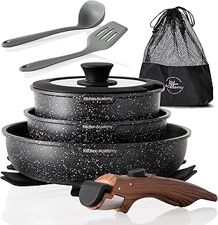 Kitchen Academy Removable Handle Induction Pots and Pans Set - 10 Piece Non-stick Cookware Sets, Black Granite Stackable RV Cookware for Camp product image