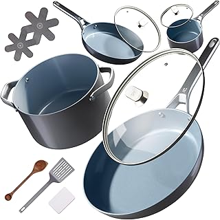 Premium Non-Toxic Ceramic Cookware Set – Triple-Layer Nonstick 12 Piece Pots and Pans with Lids, PFAS-Free, Oven Safe for Healthy Meals, Space-Saving Design, Midnight Gray Color | Greater Goods product image
