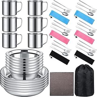 Lallisa Outdoor Camping Cookware Mess Kit Polished Stainless Steel Dishes Camping Utensils Portable Tableware with Plates Cups Spoons Forks Knives Mesh Bag for Backpacking Hiking product image