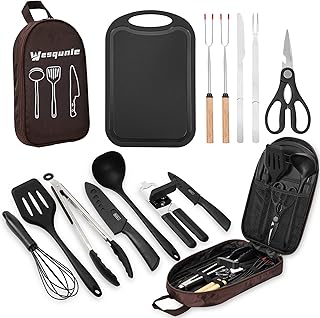 Camping Essentials Cookware Cooking Utensils Set - Portable Camp Kitchen Mess Kit Outdoor Accessories, Stainless Steel & Silicone, Camping Gear Equipment for RV Picnic Grill, Brown product image