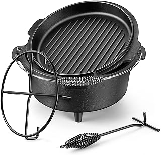 HaSteeL 7 QT Cast Iron Dutch Oven, Large 2 in 1 Camp Pre-Seasoned Deep Pot & Lid Skillet Pan, Heavy Thick 7 Quart Multiple Cookware with Feet for Outdoor Camping Baking, Bracket and Lid Lifter product image