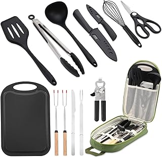 Camping Essentials Cookware Cooking Utensils Set - Portable Camp Kitchen Mess Kit Outdoor Accessories, Stainless Steel & Silicone, Camping Gear Equipment for RV Picnic Grill, Green product image