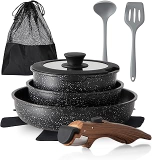 10 Pcs Pots and Pans Set Non Stick, Nonstick Kitchen Cookware Sets Detachable Handle, Induction Pots and Pans Set with Removable Handle, RV Cookware Set for Camping, Oven Safe, PFOS, PFOA Free, Black product image