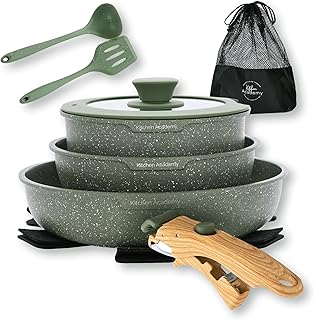 Kitchen Academy Removable Handle Pots and Pans Set - 10 Pieces Green Cookware Set with Removable Handle, RV Induction Cookware Set for Camp product image