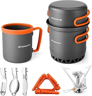 Odoland Camping Pots with Heat Exchanger Camping Cooking Set with Portable Camping Stove Camping Mess Kit Include Mug, Folding Utensil Set, Canister Stabilizer for Backpacking Outdoor Hiking & Picnic product image