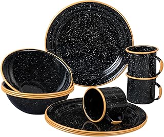 Granite Ware 12-Piece Outdoor Set, Enameled Steel, Perfect for Camping & Picnics - Speckled Black with Color Rim product image