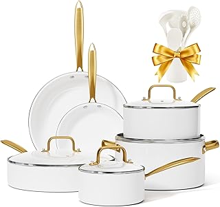 Ceramic Cookware Set, VONIKI 16 Pcs Pots and Pans Set Non Stick, Kitchen Cookware Sets with Cooking Utensils Set, Non Toxic Cookware Set White Gold Pan Set for Cooking Pot Oven & Dishwasher Safe, Gift product image