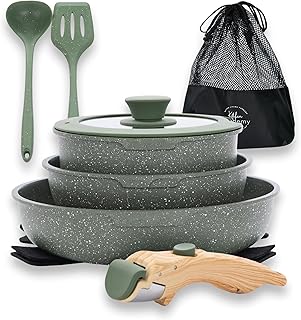 10 Pcs Pots and Pans Set Non Stick, Nonstick Kitchen Cookware Sets Detachable Handle, Induction Pots and Pans Set with Removable Handle, RV Cookware for Camping, Oven Safe, PFOS, PFOA Free, Green product image