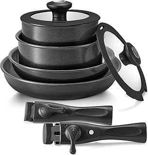 BEZIA Induction Cookware with Healthy Ceramic Coating, Camping Pots and Pans Set Nonstick 10pcs with Detachable Handles, Induction RV Kitchen Set with Removable Handles, Oven Safe product image