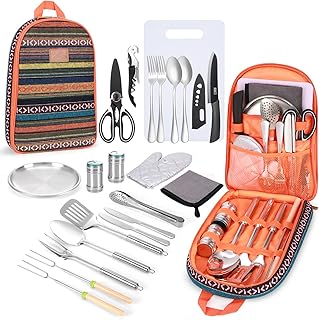 Portable Camping Kitchen Utensil Set-27 Piece Cookware Kit, Stainless Steel Outdoor Cooking and Grilling Utensil Organizer Travel Set Perfect for Travel, Picnics, RVs, Camping, BBQs, Parties and More product image