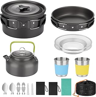 17pcs Camping Cookware Kit, Aluminum Non-Stick Pot, Pan and Kettle Set with 2 Set Stainless Steel Cups Plates Forks Knives Spoons for Backpacking and Hiking Camping product image